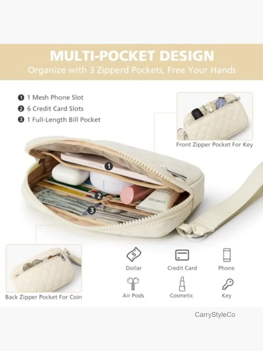 Quilted Nylon Wristlet Wallet RFID 3-Zipper Clutch Card Phone Organizer